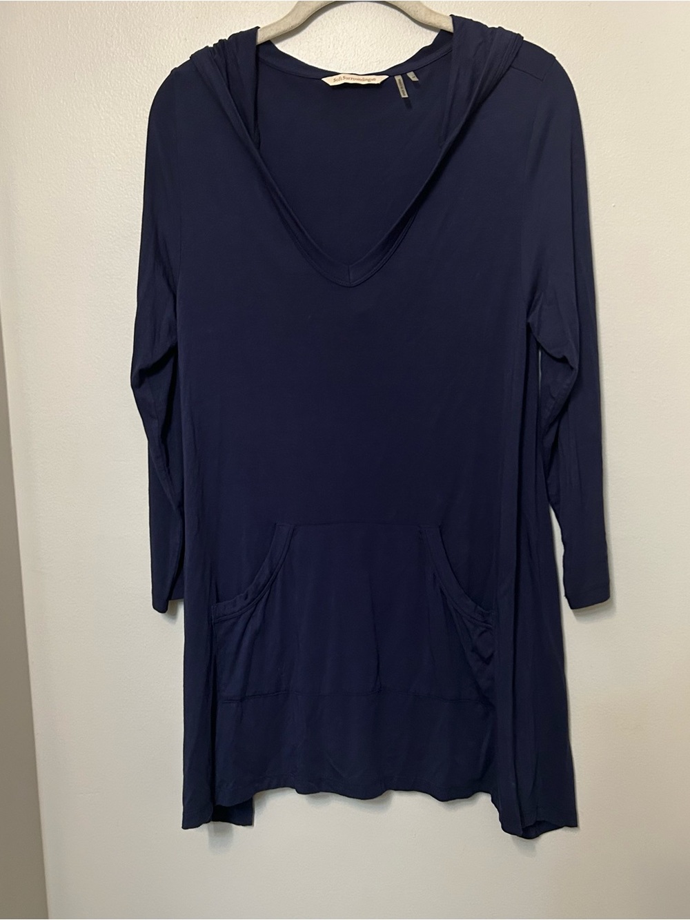 Soft Surroundings Top Womens M Navy Stretch V Neck Hooded Tunic Pocket casual